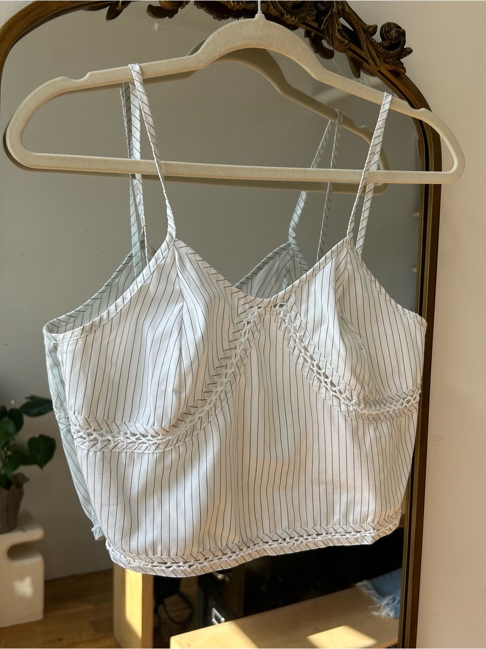 Handmade Reworked Striped Crochet-Trim White Tank - Picture 2 of 5